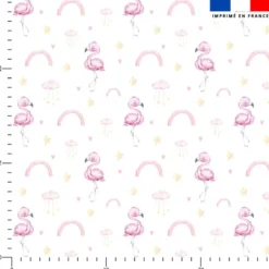 Flamant rose et arc en ciel aquarelle - Fond blanc