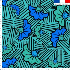 Fleur de mariage bleue et verte wax - Fond bleu et traits noirs
