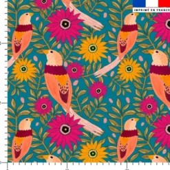 Fleur et oiseau - Fond bleu canard - Création La Fossette