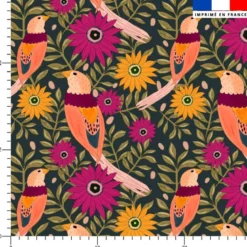 Fleur et oiseau - Fond gris vert foncé - Création La Fossette