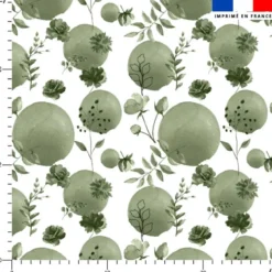 Fleurs et arrondis aquarelle vert kaki - Fond blanc