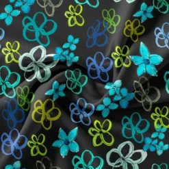 Fleurs légères bleues et vertes - Fond noir - Création Cat&Colours