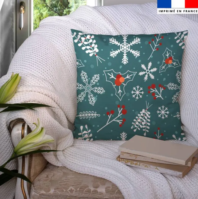 Flocon de neige et gui de noel - Fond vert de gris