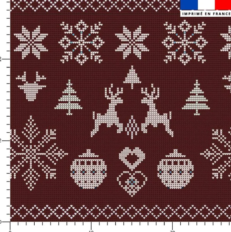 Flocon et renne de Noël effet tricoté - Fond bordeaux