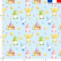 Gnome et oeufs de Pâques - Fond bleu pastel