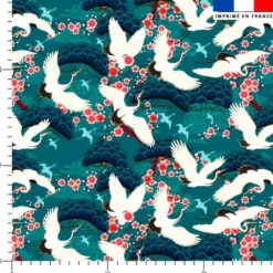 Grue japonaise et fleur de cerisier - Fond bleu canard