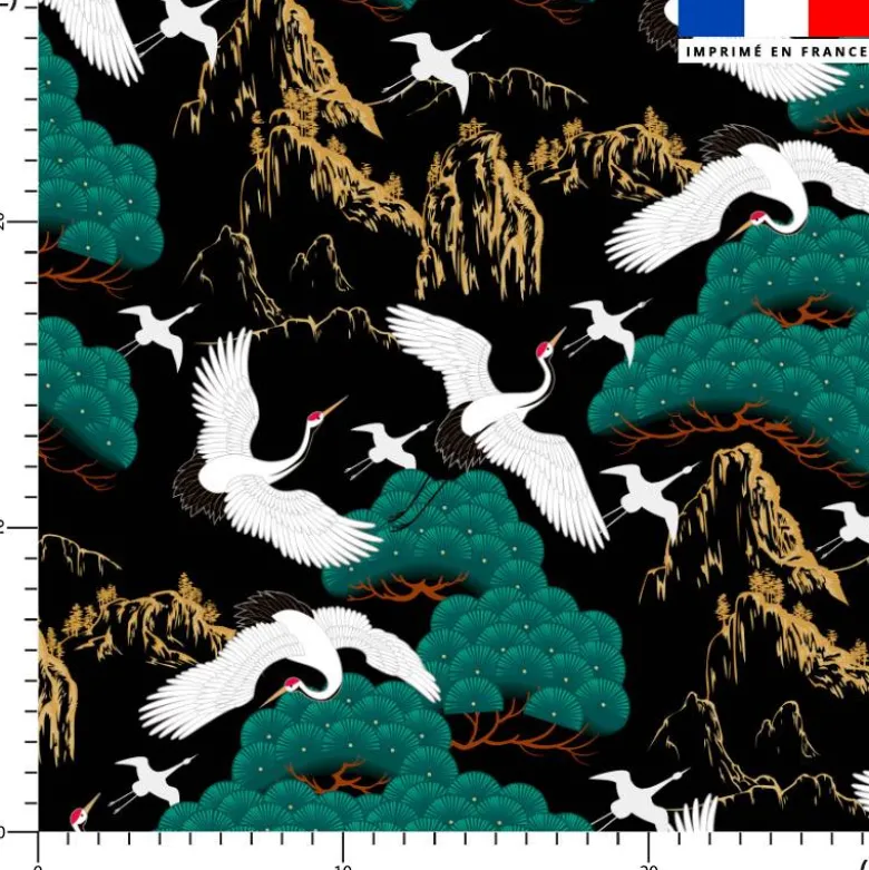 Grue japonaise et éventail - Fond noir