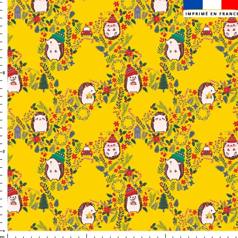 Hérisson et feuilles d'hiver - Fond jaune foncé
