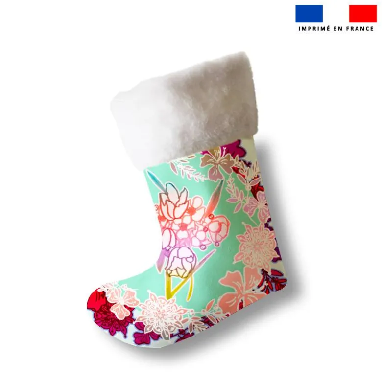 Kit chaussette de noel turquoise motif fleuri + Fausse fourrure - Création Lili Bambou Design