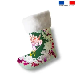 Kit chaussette de noel vert motif fleuri + Fausse fourrure - Création Lili Bambou Design