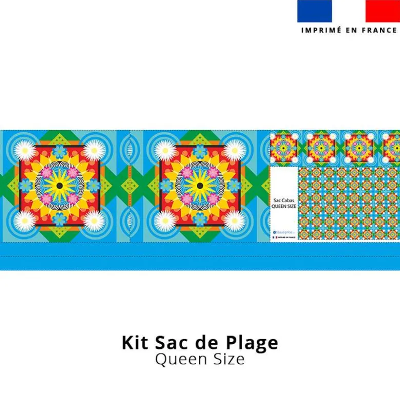 Kit couture sac cabas motif fleur bleue - Création Lita Blanc