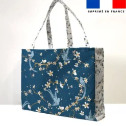 Kit couture sac cabas motif fleur de cerisier bleu pétrole