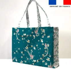 Kit couture sac cabas motif fleur de cerisier vert canard