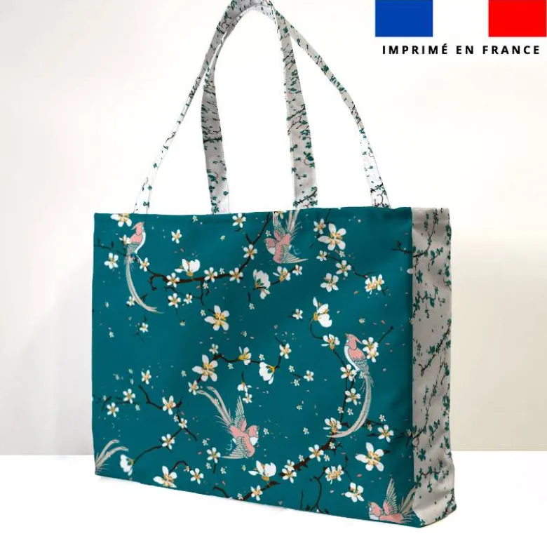 Kit couture sac cabas motif fleur de cerisier vert canard