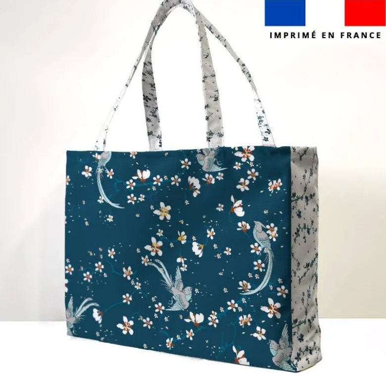Kit couture sac cabas motif fleur de cerisier bleu paon