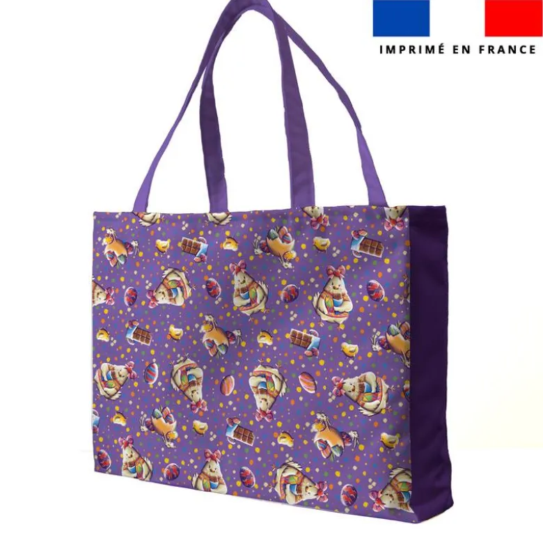 Kit couture sac cabas motif mini poule et oeufs de Pâques violet - Création Stillistic