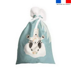 Kit hotte de Noel motif animaux de la banquise bleue + Fausse fourrure