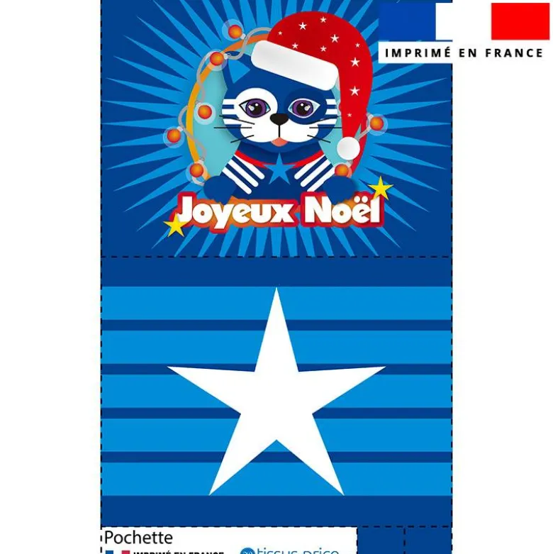 Kit pochette motif chat de Noel bleu - Création Lita Blanc