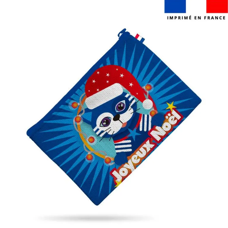 Kit pochette motif chat de Noel bleu - Création Lita Blanc