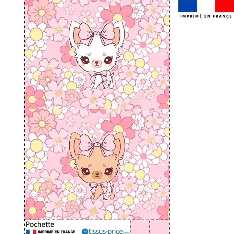Kit pochette motif chihuahua fleurs roses - Création Jolifox