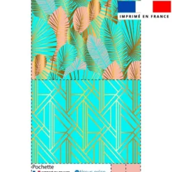 Kit pochette motif feuilles art déco turquoise et or