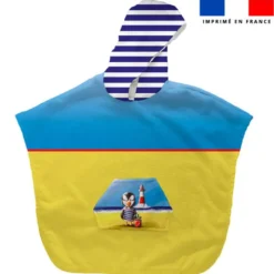 Kit poncho de bain bleu et jaune motif macareux - Création Stillistic