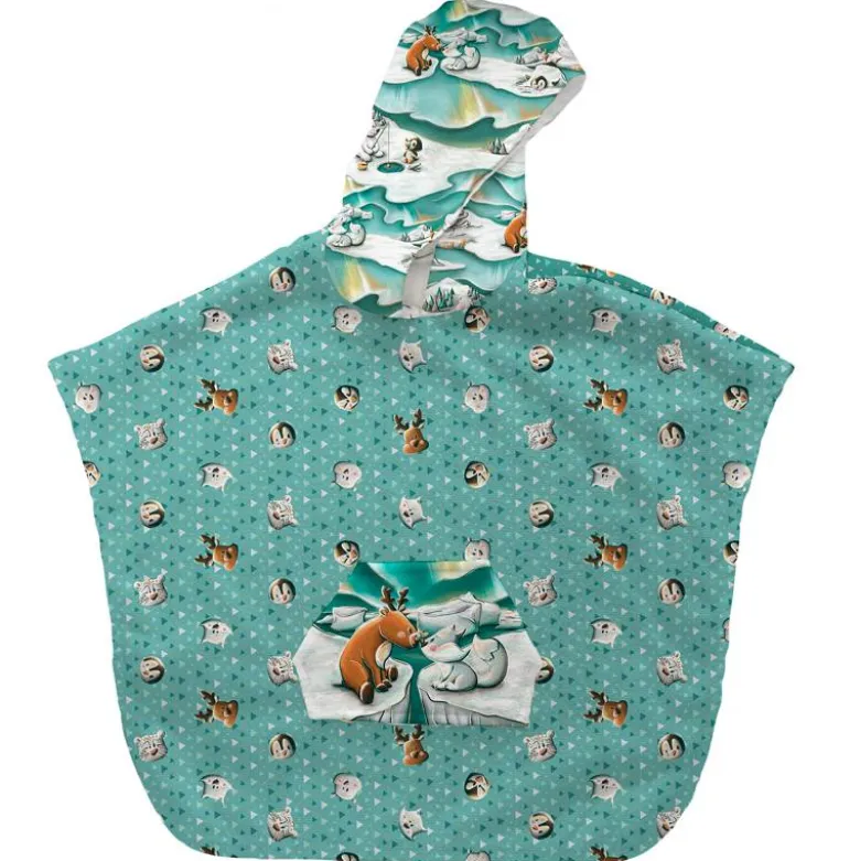 Kit poncho de bain bleu vert motif animaux du froid - Création Stillistic