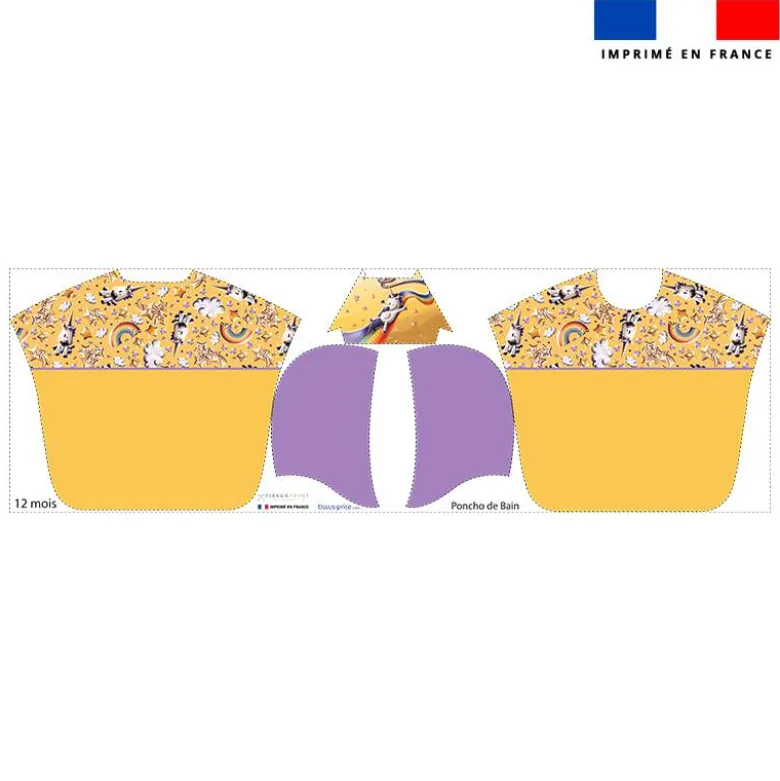 Kit poncho de bain jaune motif licorne toboggan - Création Stillistic
