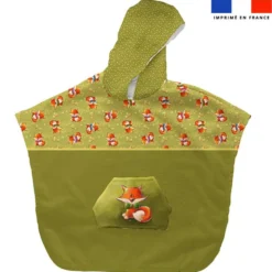 Kit poncho de bain vert kaki motif renard noeud papillon - Création Stillistic