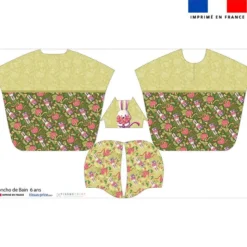 Kit poncho de bain vert kaki motif lapin printanier - Création Stillistic