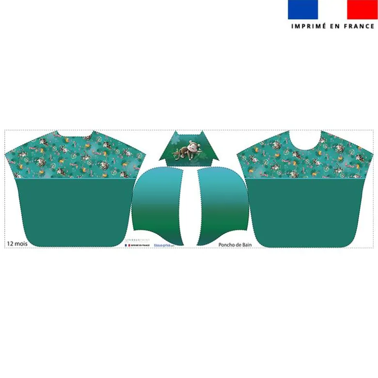 Kit poncho de bain vert motif singe dormeur - Création Stillistic