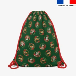 Kit sac à dos coulissant motif animaux couronne de noel vert - Création Stillistic