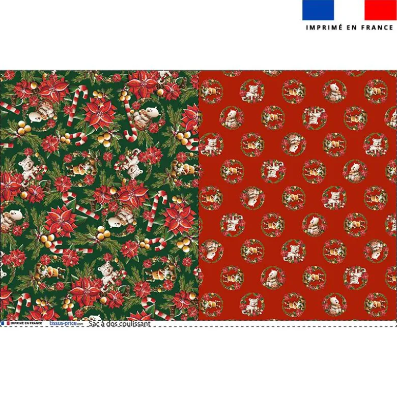Kit sac à dos coulissant motif Animaux couronne de noel rouge - Création Stillistic