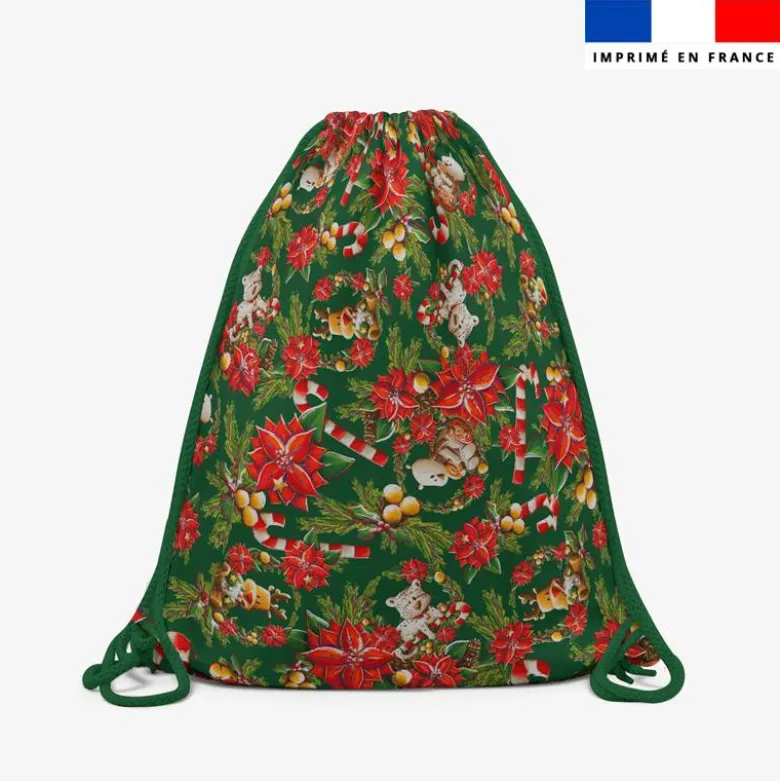 Kit sac à dos coulissant motif Animaux couronne de noel rouge - Création Stillistic