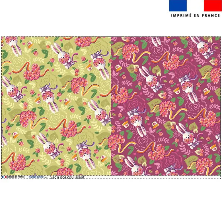 Kit sac à dos coulissant motif mini lapin printanier vert et framboise - Création Stillistic