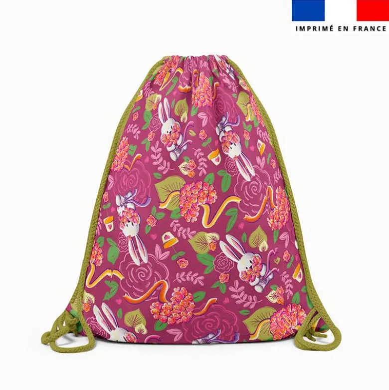 Kit sac à dos coulissant motif mini lapin printanier vert et framboise - Création Stillistic