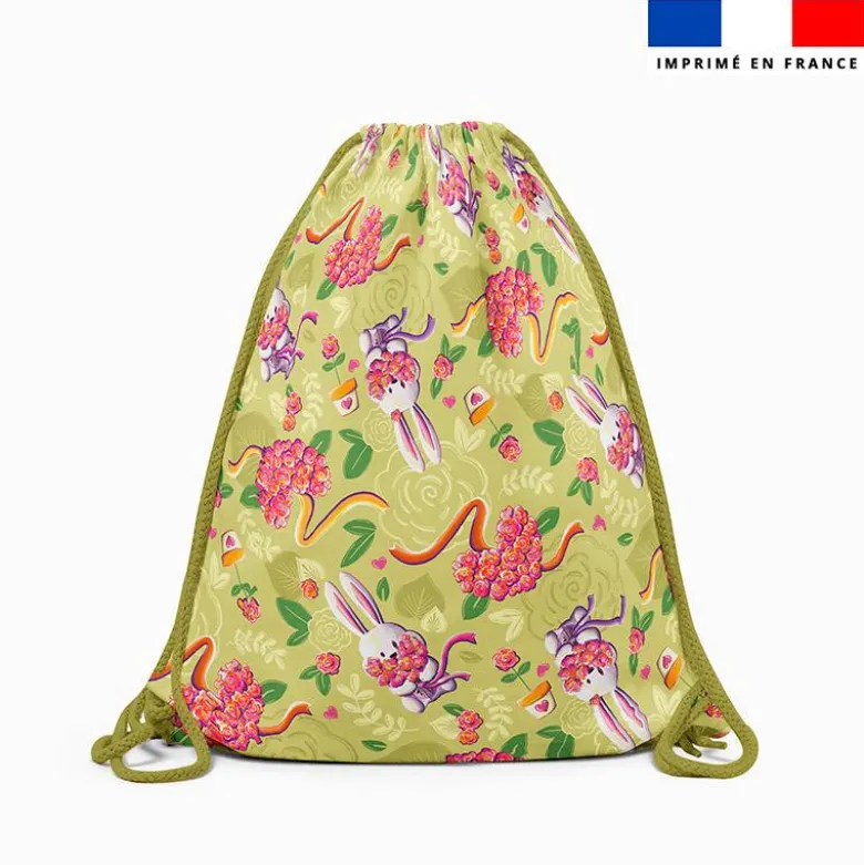 Kit sac à dos coulissant motif mini lapin printanier vert et framboise - Création Stillistic