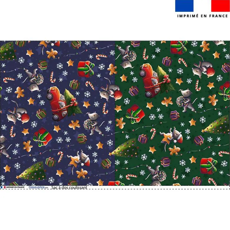 Kit sac à dos coulissant motif souris de noel bleu et vert - Création Stillistic