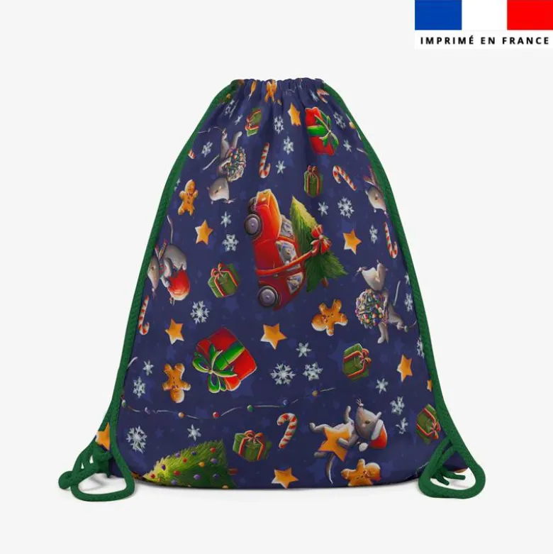 Kit sac à dos coulissant motif souris de noel bleu et vert - Création Stillistic