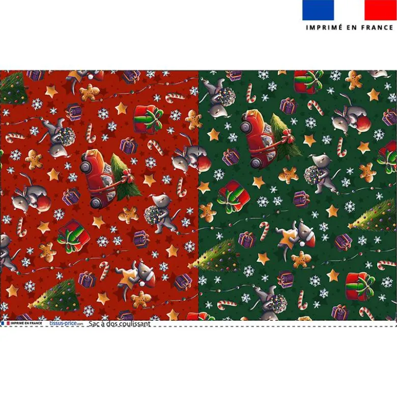 Kit sac à dos coulissant motif souris de noel rouge et vert - Création Stillistic