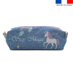 Kit trousse double compartiment motif licorne effet jean + 1 trousse assortie
