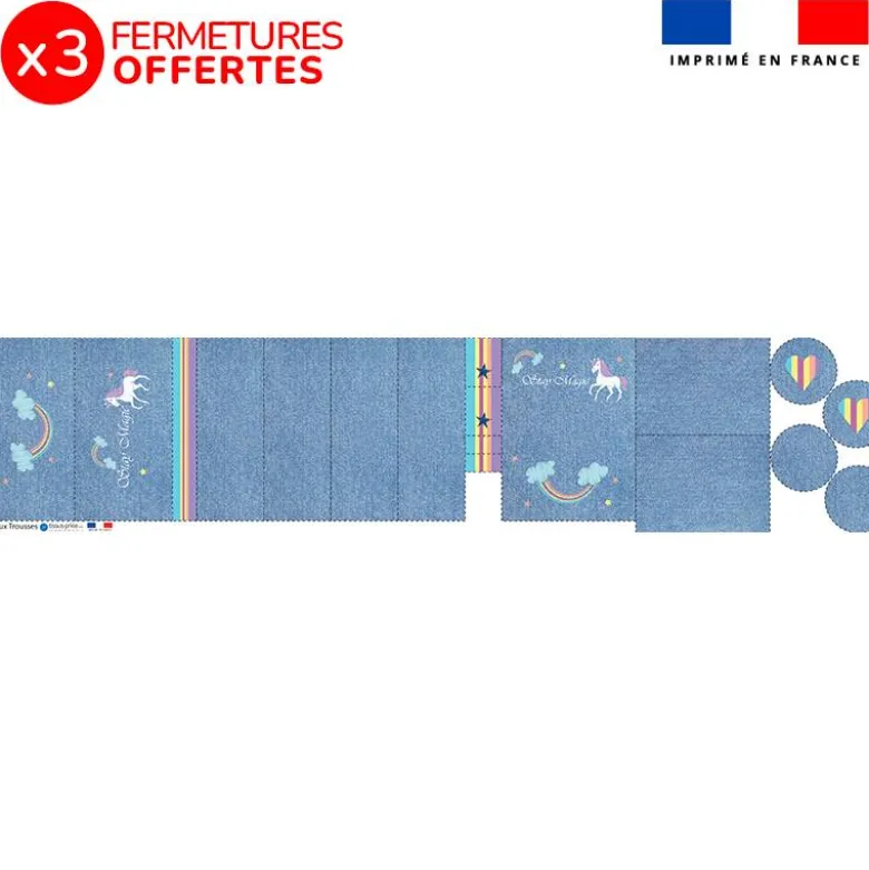 Kit trousse double compartiment motif licorne effet jean + 1 trousse assortie