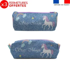 Kit trousse double compartiment motif licorne effet jean + 1 trousse assortie