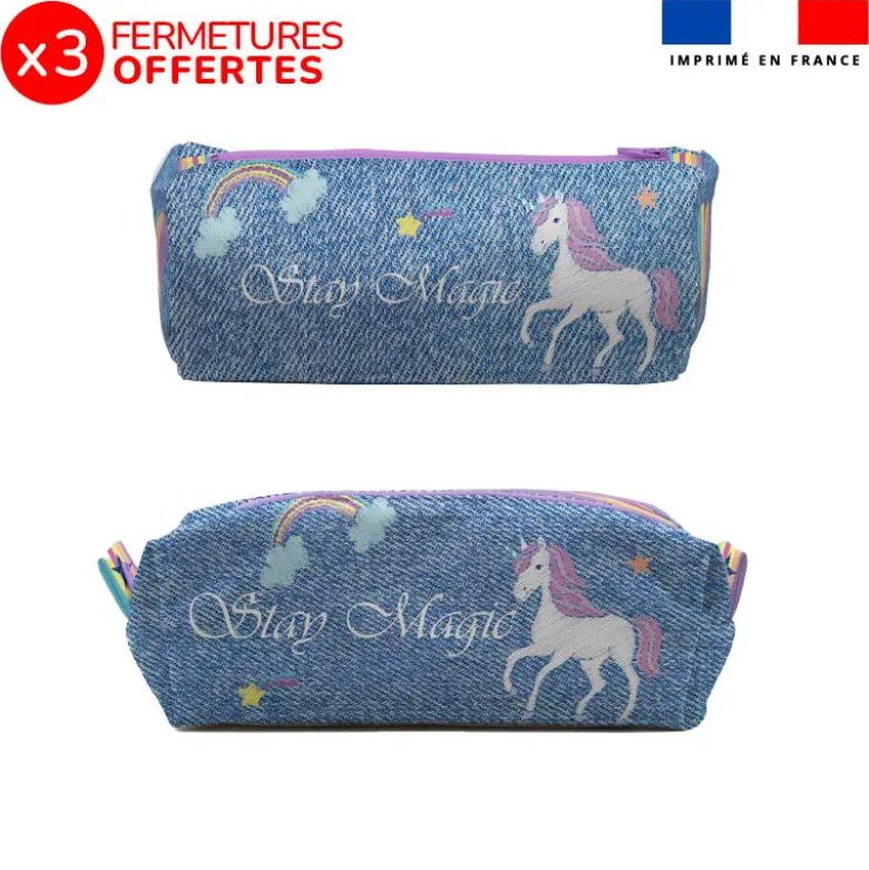 Kit trousse double compartiment motif licorne effet jean + 1 trousse assortie