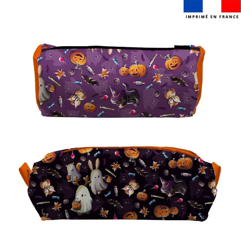 Kit trousse double compartiment motif fantômes violet + 1 trousse assortie - Création Stillistic