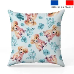 Labrador et rose aquarelle bleu clair - Fond bleu pastel
