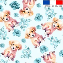 Labrador et rose aquarelle bleu clair - Fond bleu pastel