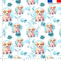 Labrador fleurs et arrondis aquarelle bleu clair - Fond blanc