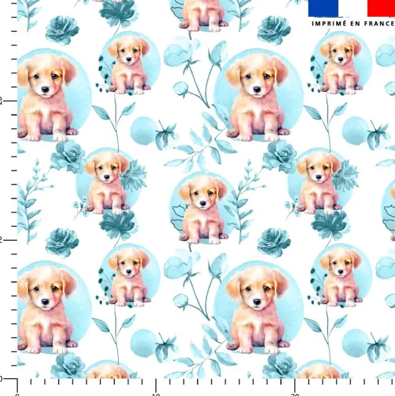 Labrador fleurs et arrondis aquarelle bleu clair - Fond blanc