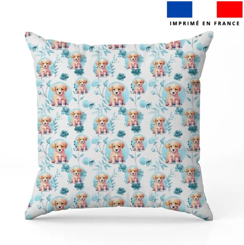 Labrador fleurs et arrondis aquarelle bleu clair - Fond blanc